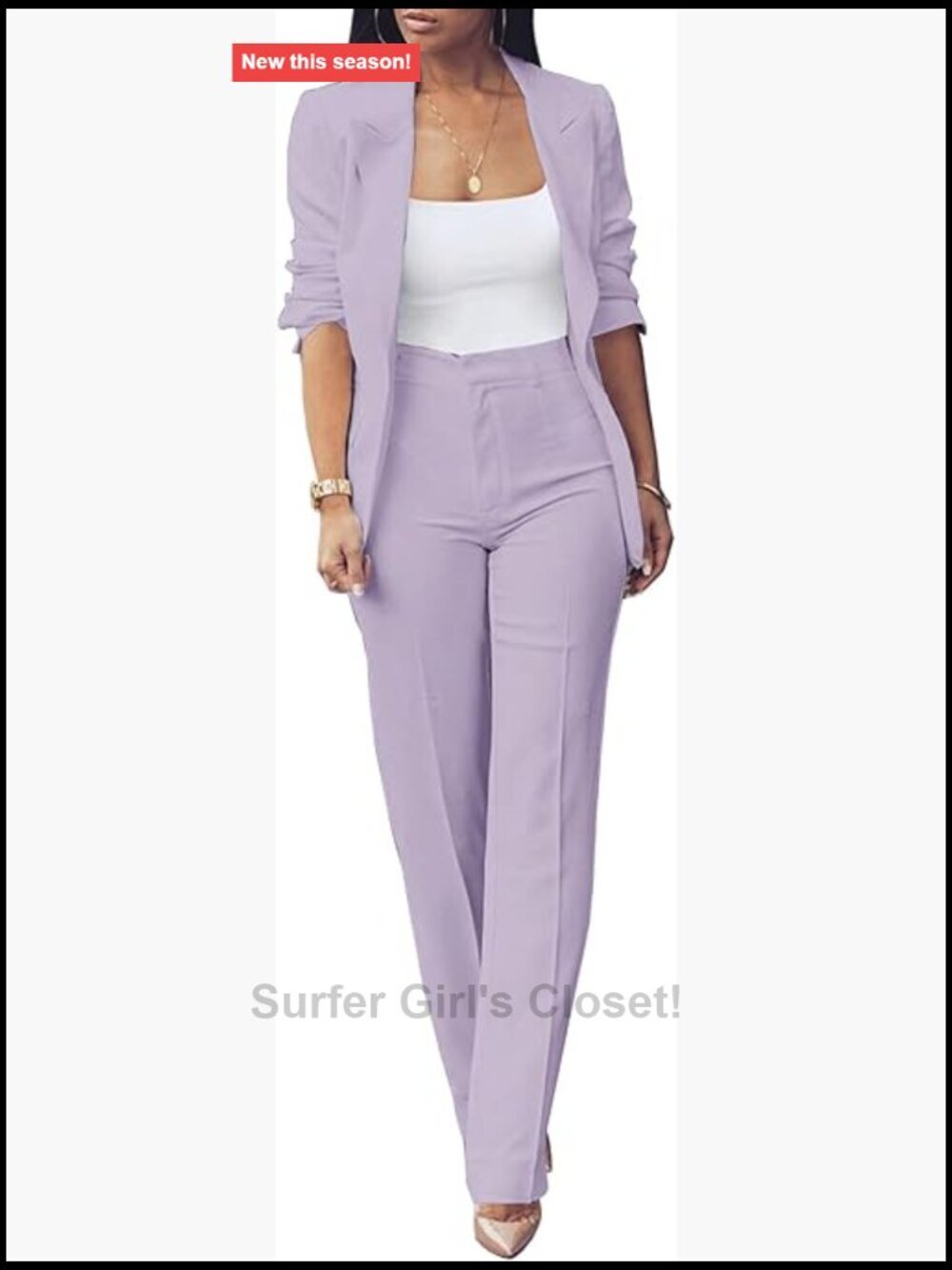 2 Piece Blazer Set with Slim Fit Pants - Open Front, Long Sleeve
